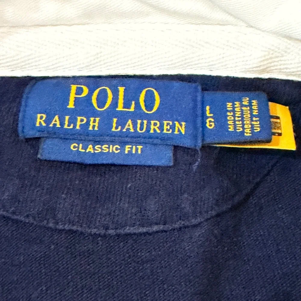 Polo Ralph Lauren Rugby Shirt Mens L Navy Blue Orange Stripe Pony Classic Fit